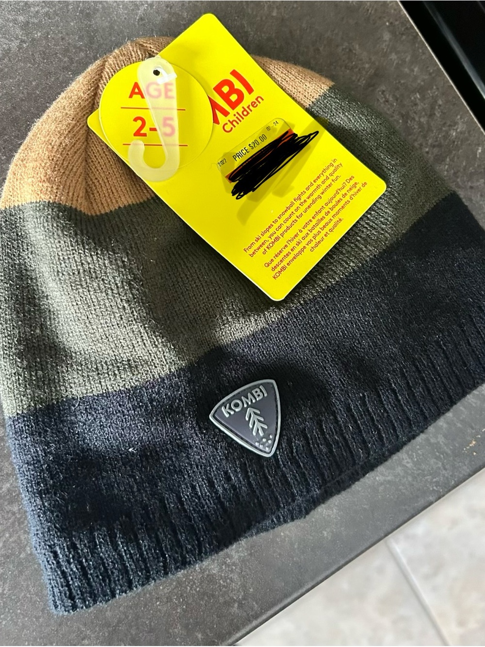 KOMBI Kids Striped Knit Beanie in Olive, Tan & Black, new with tags Kombi toque